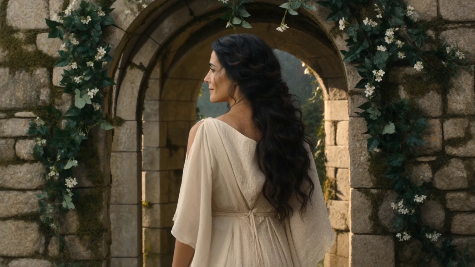 A woman in an ivory linen dress under a stone arch hung with leaves and white flowers, the Warm film look over the right half of the frame.